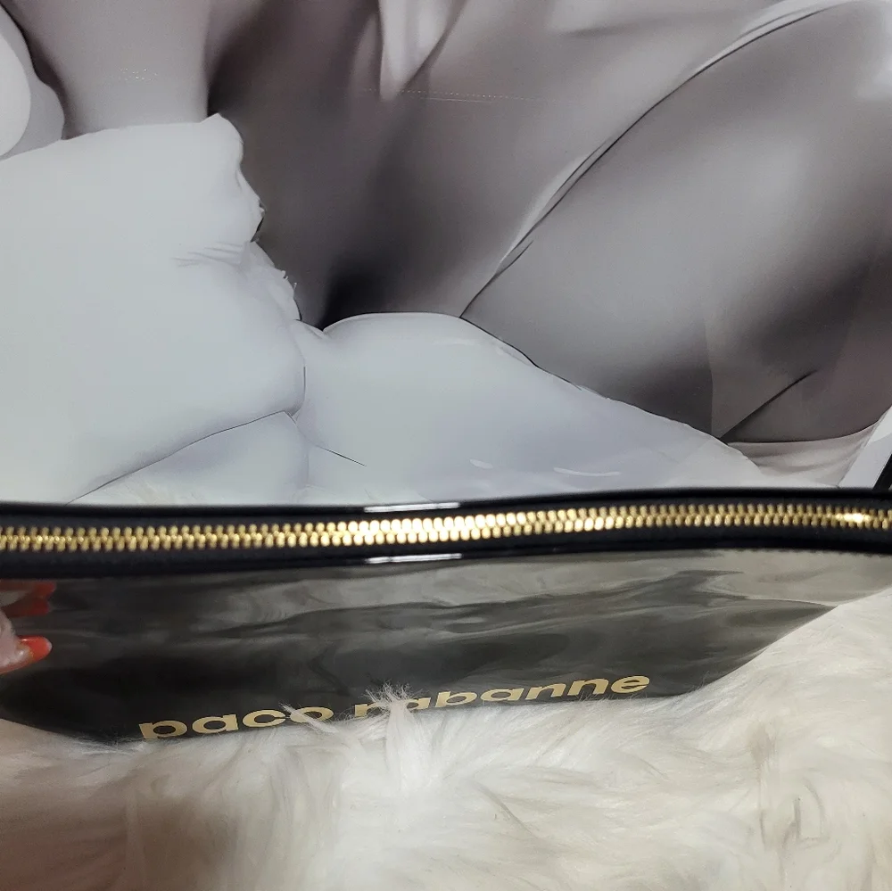 Paco Rabanne Black Faux Patent Leather Clutch Makeup Bag Travel Pouch NWOT